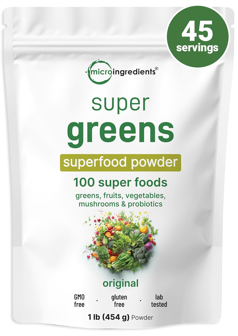 Micro Ingredients Super Greens Powder tub displaying a complete daily nutrition blend.