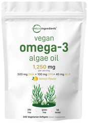 Micro Ingredients vegan omega-3 algae oil bottle shows a plant-based daily omega-3 source.