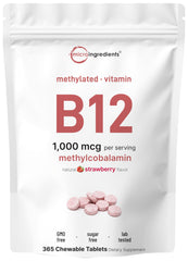 Micro Ingredients Vitamin B12 1000mcg chewable strawberry bottle supports energy and easy intake