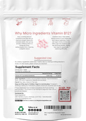 Micro Ingredients Vitamin B12 label shows vegan, non-GMO chewables for daily use