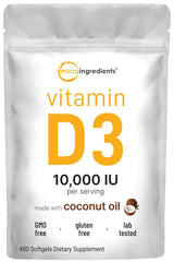 Micro Ingredients Vitamin D3 bottle with 400 softgels for daily bone support.