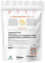 Micro Ingredients Vitamin D3 bottle top shows easy-to-swallow softgels for daily use