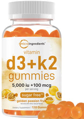 Micro Ingredients Vitamin D3 K2 Gummies bottle shows sugar-free golden passion fruit chews
