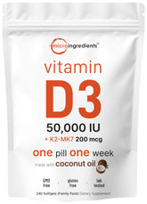 Micro Ingredients vitamin D3 + K2 softgel bottle supports bone health and immune vitality.