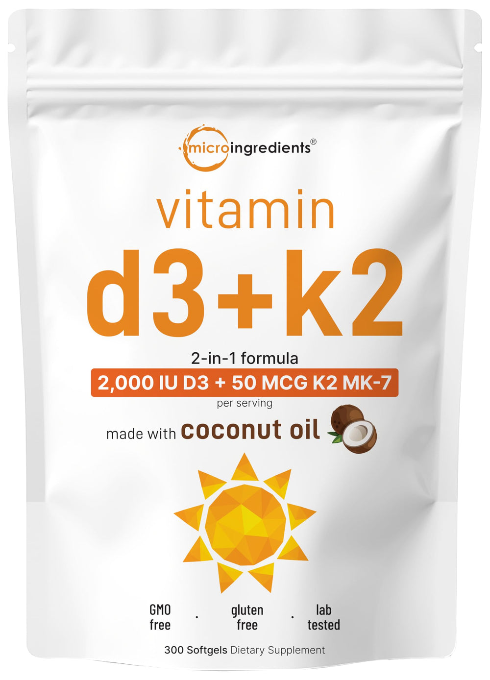 Micro Ingredients Vitamin D3 + K2 softgels with coconut oil for easier absorption.