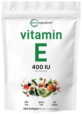 Micro Ingredients Vitamin E 400IU softgels bottle signals antioxidant support for skin.