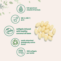 Pouch of Micro Ingredients Vitamin K Complex showing 360 softgels for two-per-day use