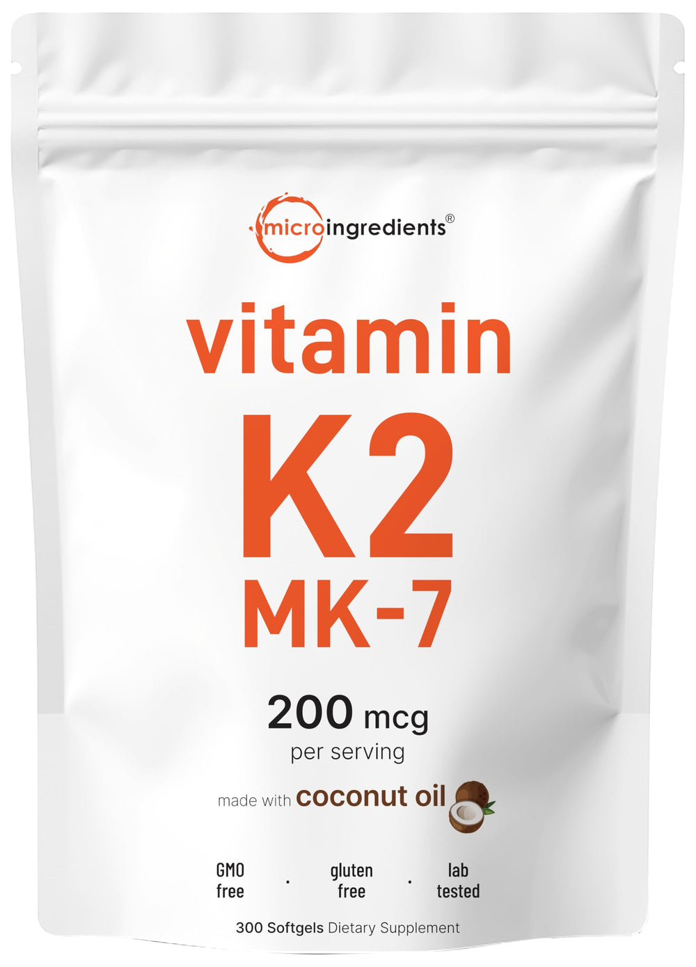 Micro Ingredients Vitamin K2 MK-7 softgels in coconut oil bottle promote easy absorption.