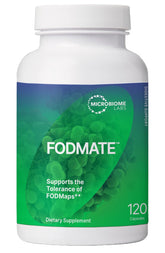 Microbiome Labs FODMATE bottle front showing digestive enzyme formula for daily support.