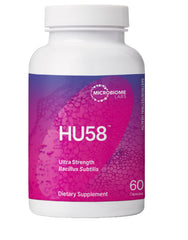 Microbiome Labs HU58 bottle shown for daily digestive balance and wellness.