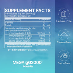 Front view of Mega IgG2000 bottle highlighting dairy-free formula.
