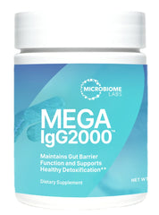 Microbiome Labs Mega IgG2000 powder bottle for daily gut support.