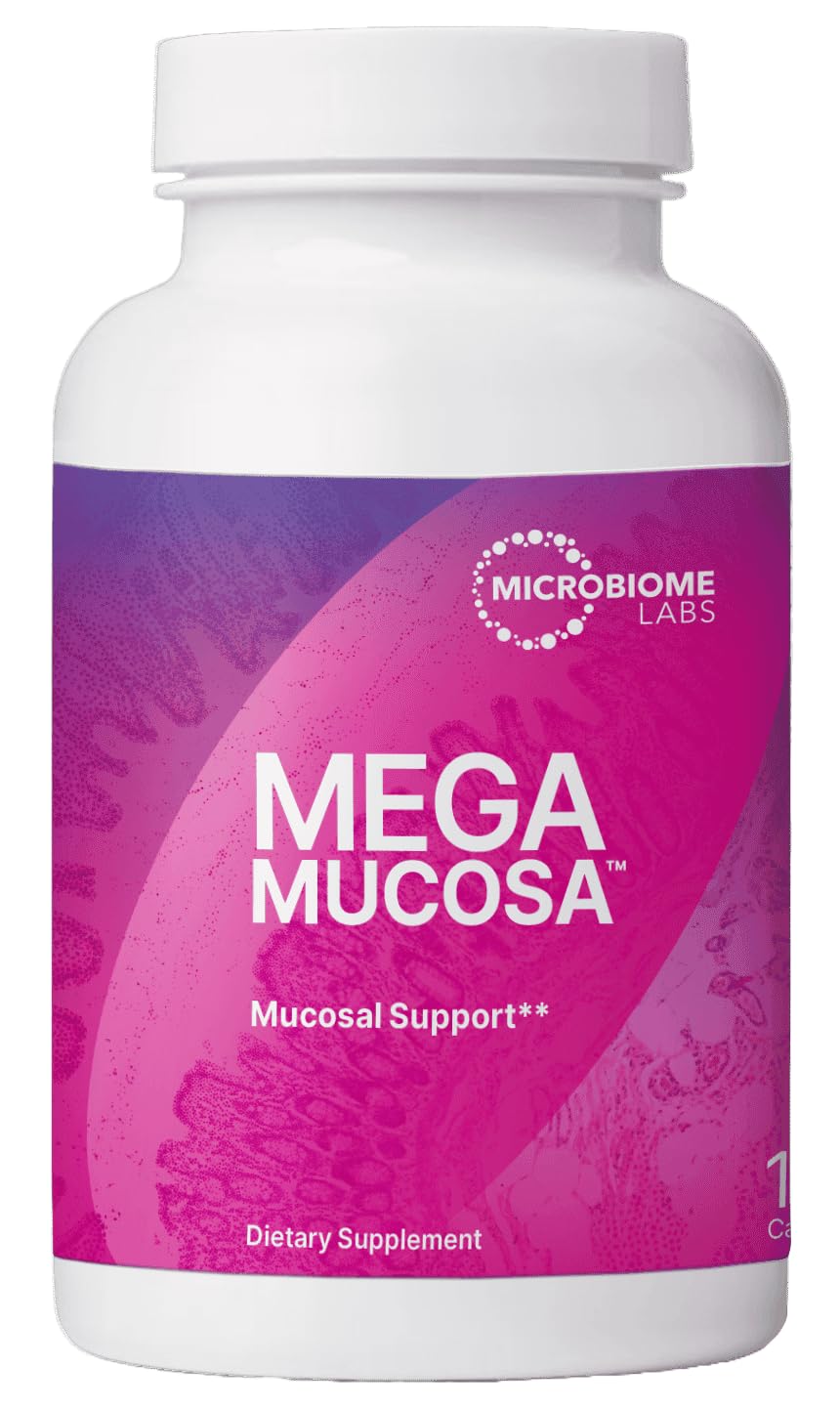 Microbiome Labs MegaMucosa bottle front showing 180 capsules for gut and mucosal support.