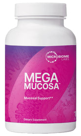 Microbiome Labs MegaMucosa bottle front showing 180 capsules for gut and mucosal support.