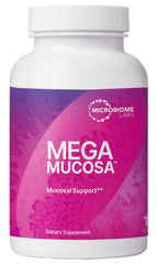 Microbiome Labs MegaMucosa bottle front showing 180 capsules for gut and mucosal support.