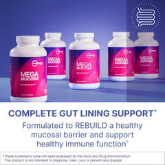 MegaMucosa capsules spread highlighting amino acids for mucin production and barrier health.