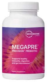 Microbiome Labs MegaPre bottle and label highlighting prebiotic fiber