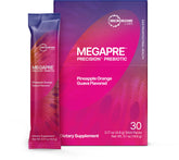 Microbiome Labs MegaPre stick pack for on-the-go prebiotic support in pineapple-orange-guava flavor.