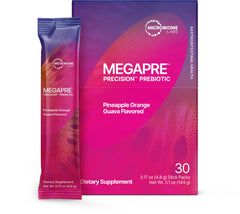 Microbiome Labs MegaPre stick pack for on-the-go prebiotic support in pineapple-orange-guava flavor.