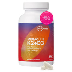 Microbiome Labs MegaQuin D3 K2 bottle showing high potency daily supplement for bone and immune support