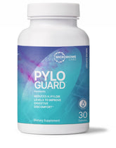 Microbiome Labs PyloGuard bottle front shows postbiotic capsule for digestive comfort.