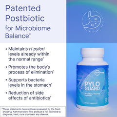 PyloGuard capsules closeup highlights patented DSM17648 postbiotic for immune-support potential.