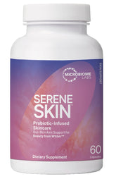 Microbiome Labs SereneSkin spore probiotic bottle supports daily skincare and gut balance.