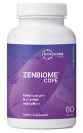 Microbiome Labs Zenbiome COPE bottle-front view indicating convenient mood support.