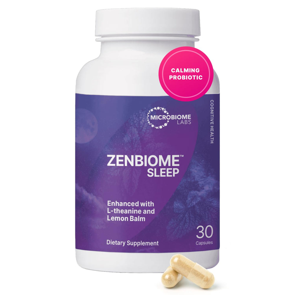 Microbiome Labs Zenbiome Sleep bottle front view for calming bedtime routine.