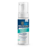 MicroGold hand sanitizer bottle pump showing quick germ elimination for on-the-go use.
