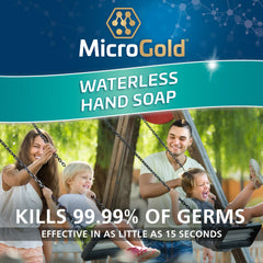 MicroGold non-drying formula illustration emphasizes smooth hands after use.