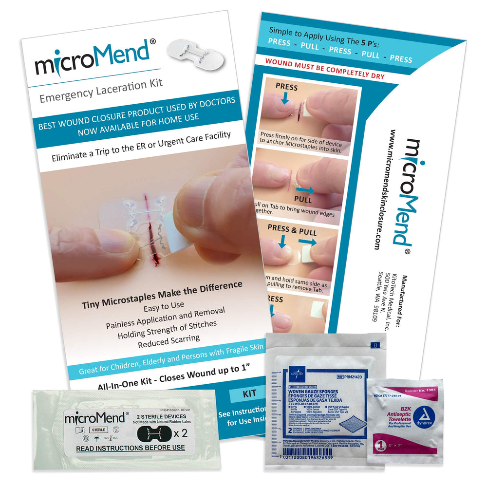 MicroMend emergency closure kit with XS/SM devices for stitch-free wound repair.