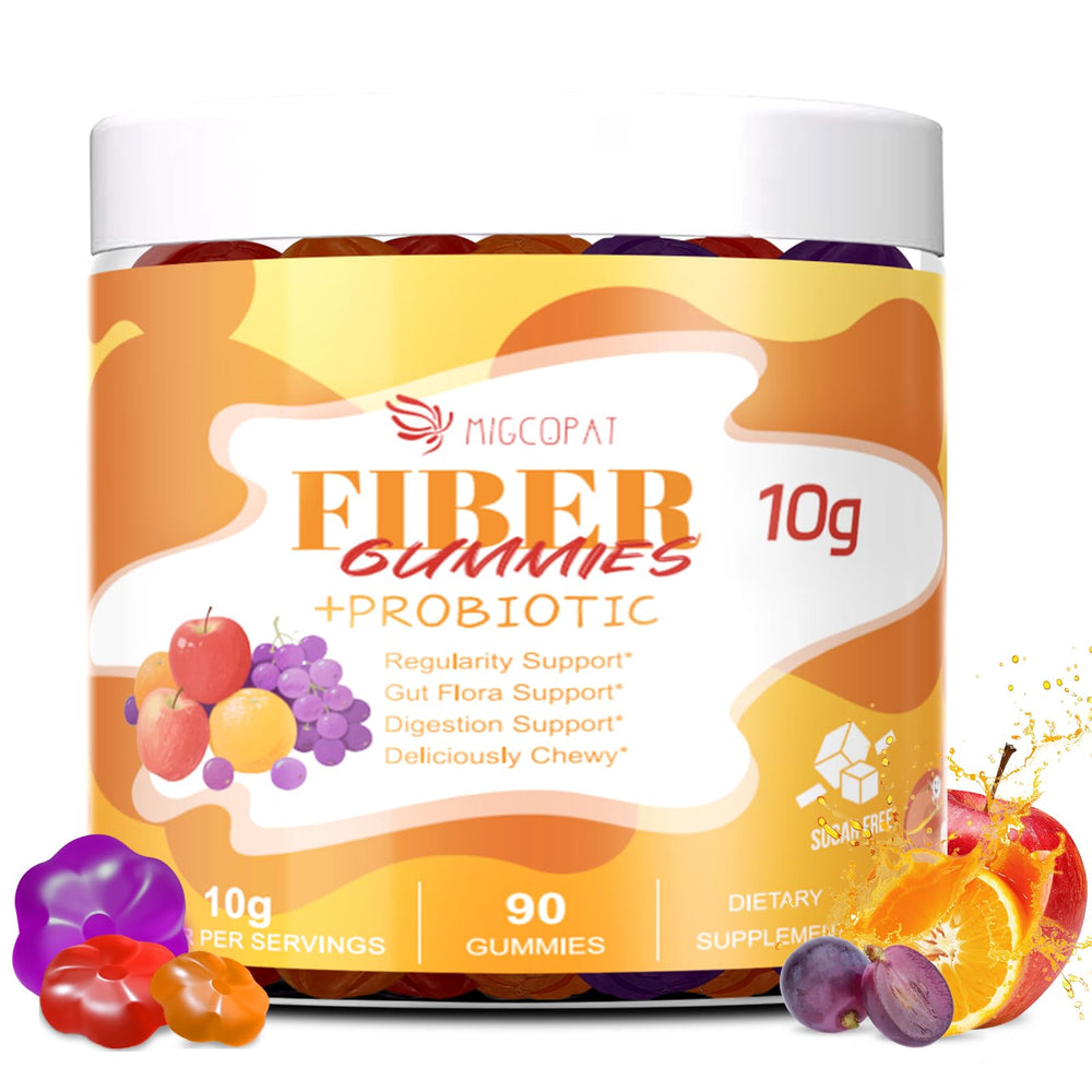 Migcopat 10G fiber gummies bottle with mixed flavors for daily fiber intake support.