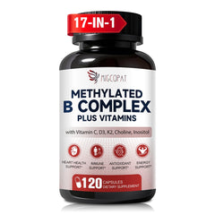 Migcopat 17-in-1 B-complex bottle with methylated vitamins for daily energy.