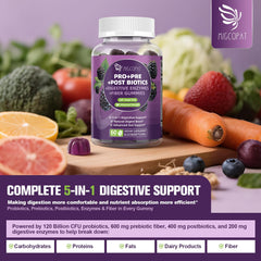 Migcopat bottle showing 120B CFU for digestive balance support.