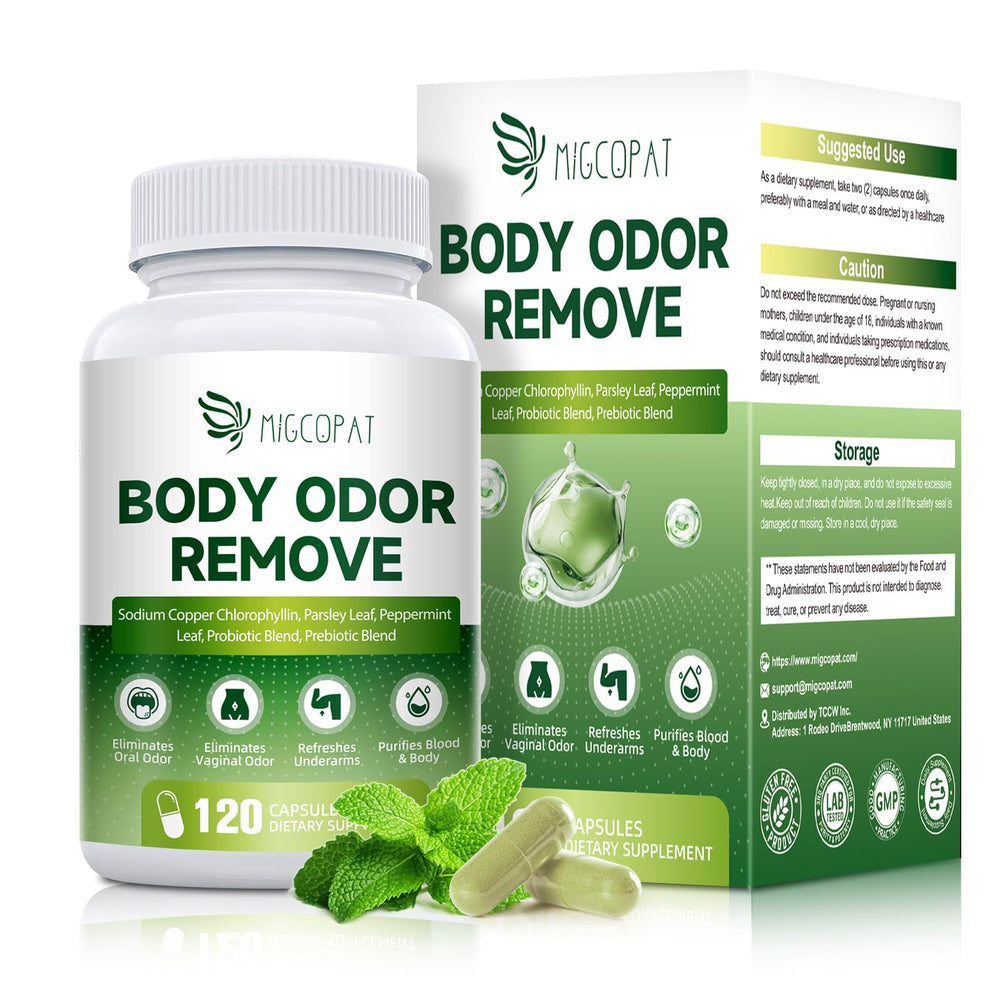 Migcopat chlorophyll bottle and capsules for daily internal freshness and confidence.