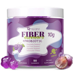 Migcopat fiber gummies packaging shows a 90-count bottle for daily digestive support.