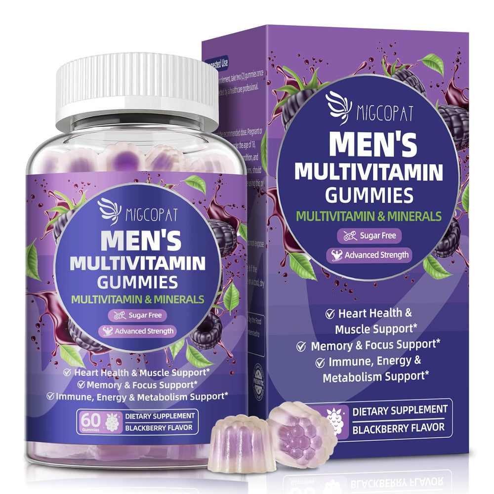 Migcopat Men’s Multivitamin bottle front view highlighting blackberry flavor and daily vitality
