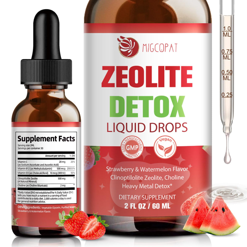 Migcopat Zeolite Detox Drops bottle pour highlights easy daily use