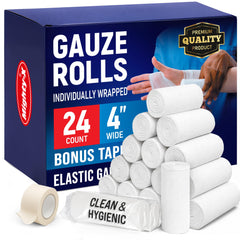 Mighty-X 24 gauze rolls, 4-inch width, securely hold dressings in active use.