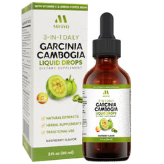 MIHIYO 3-in-1 Garcinia Drops bottle shown for daily wellness in raspberry flavor