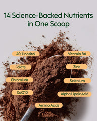 Milamend 40:1 Myo-Inositol blend supports ovarian balance in chocolate powder.