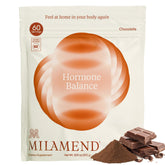 Milamend Hormone Balance chocolate powder bottle promotes daily balance and steady energy.