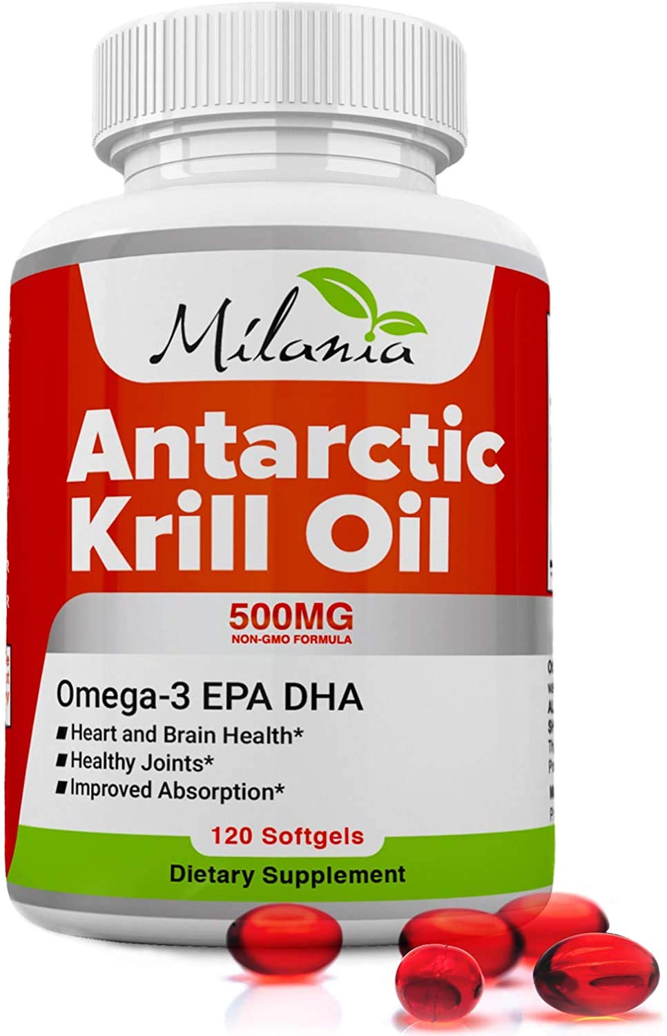 Milania Antarctic Krill Oil bottle showing omega-3 content for daily support