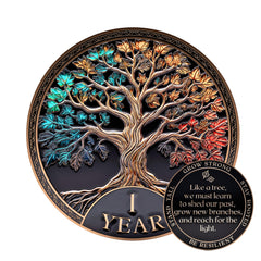 MilestoneMint 1 Year Sobriety Coin with Tree of Life engraving for renewal symbol