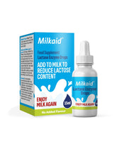 Milkaid lactase drops bottle closeup showing product branding for lactose digestion support
