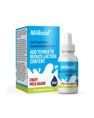 Milkaid lactase drops bottle closeup showing product branding for lactose digestion support
