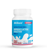 Milkaid lactase enzyme chewable tablet bottle with raspberry flavor eases dairy digestion.