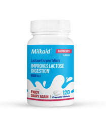Milkaid lactase enzyme chewable tablet bottle with raspberry flavor eases dairy digestion.