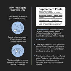 Milky dairy relief pills packaging on table for easy per-meal use